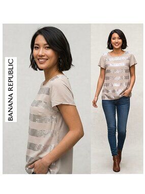 (3 for $30) BANANA REPUBLIC - Gray/silver sequin striped t-shirt